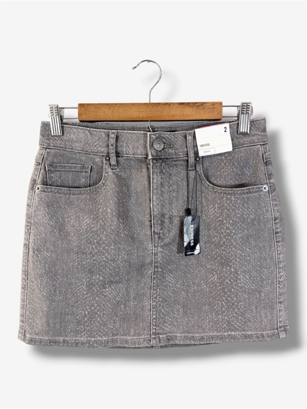 Express Denim Mini Skirt Size 2 Gray High Rise Animal Print Preppy Casual Summer